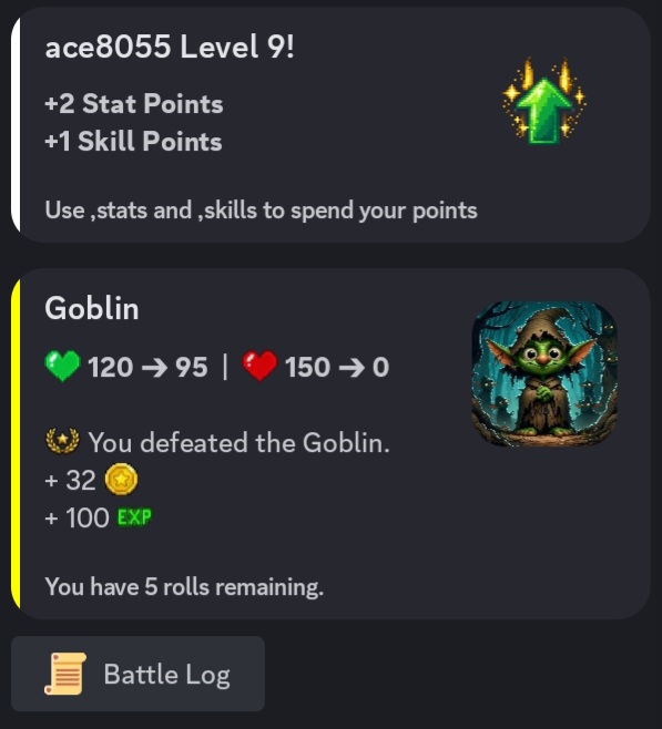 Turn-based monster battle and level up screen in Epic Quest