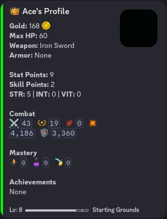 Player profile showing equipment, stats, and power score