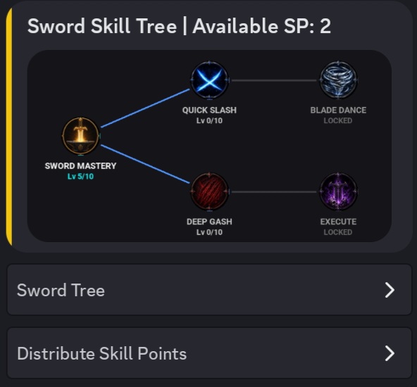 Skill tree and progression system for Discord RPG